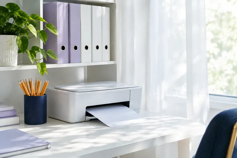 Coin de bureau lumineux avec classeurs lavande, crayons et imprimante sortant une feuille vierge